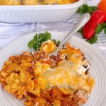 Easy Ground Beef Taco Casserole on a dinner plate with a fork.