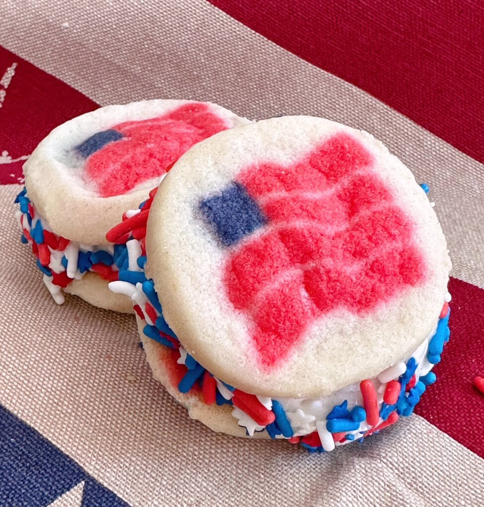 Two of the 4th of July Ice Cream sandwiches on a napkin.