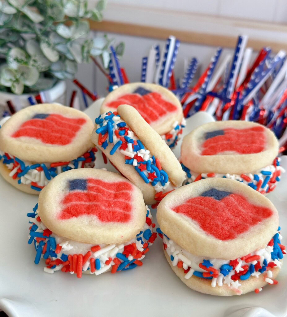 Fun 4th of July Mini Ice Cream Sandwiches stacked in a fun pile.