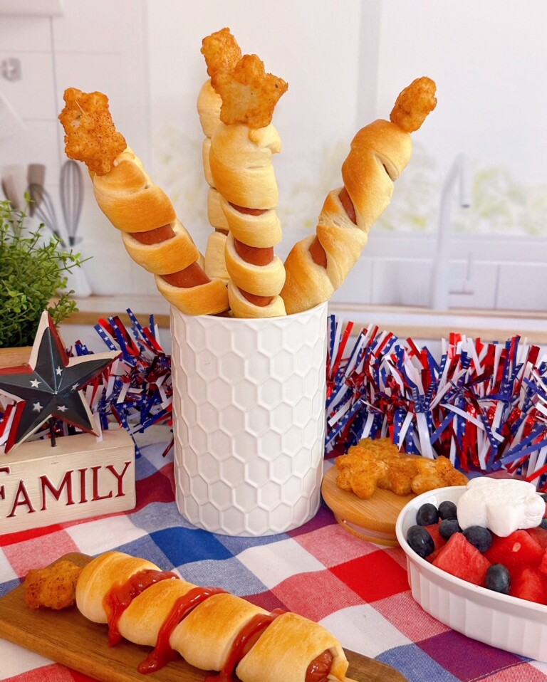 Stars and Stripes Hot Dogs in a white jar.