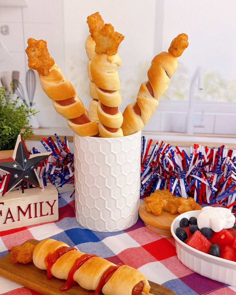 Stars and Stripes Hot Dogs in a white jar.