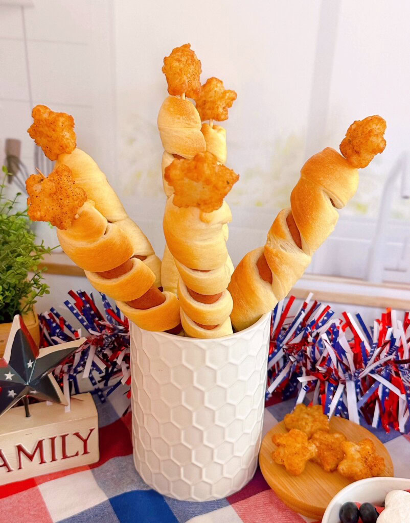 Firecracker Hot Dog Skewers with Star Tater Tot on top.