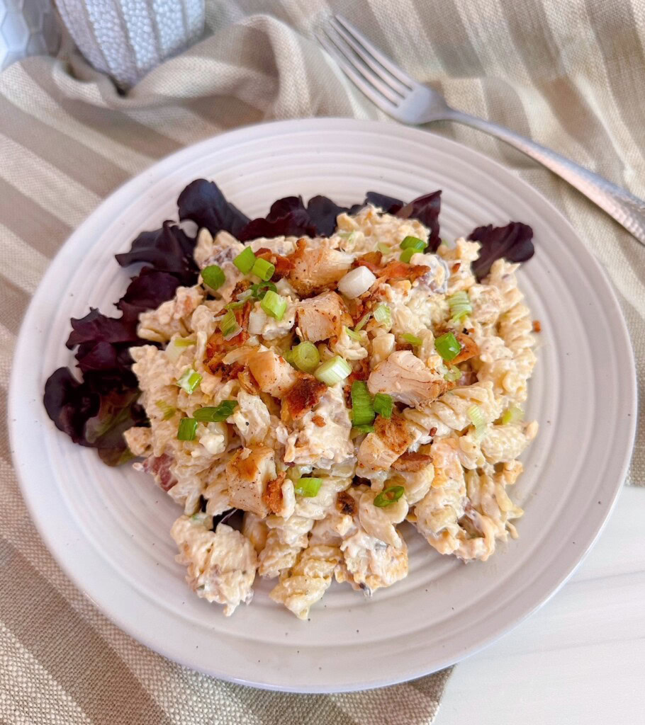 Chicken Bacon Ranch Pasta Salad over head shot.