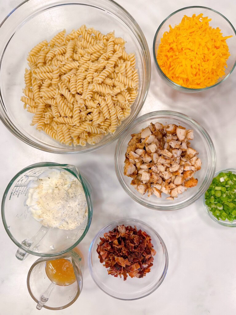 Ingredients for Chicken Bacon Ranch Pasta Salad.
