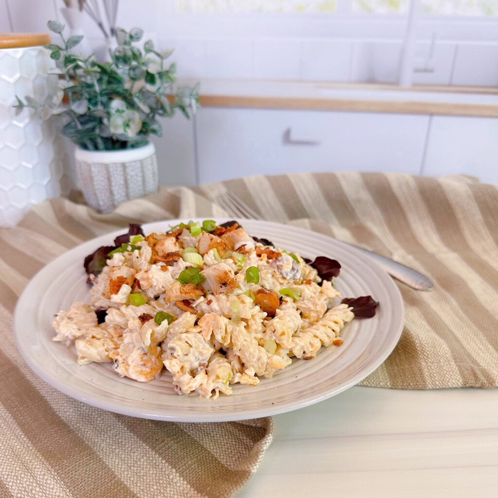 Plate full of chicken bacon ranch pasta salad.