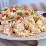 Up close photo of pasta chicken bacon salad.