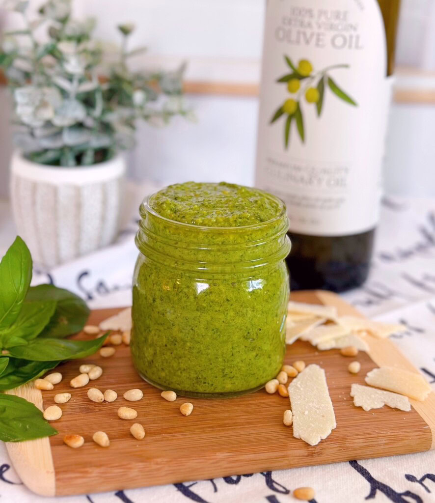 Fresh Pesto on serving board.