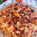 Baked Pizza on a natural mat.