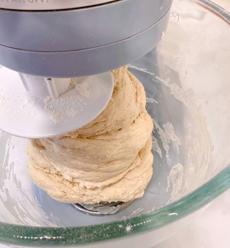 Dough clinging to the dough hook.