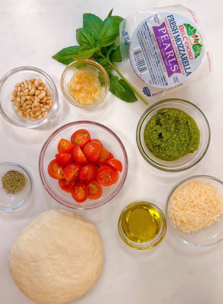 Ingredients for Tomato Basil Pizza.
