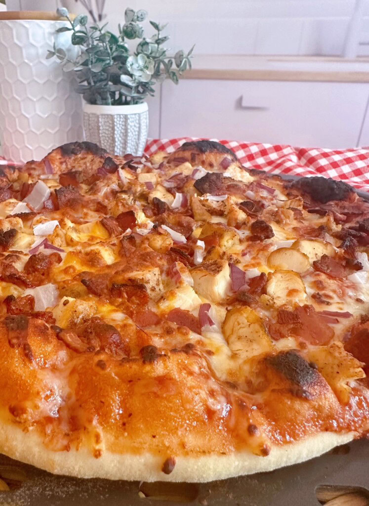 Baked BBQ Pizza up close ready to eat.