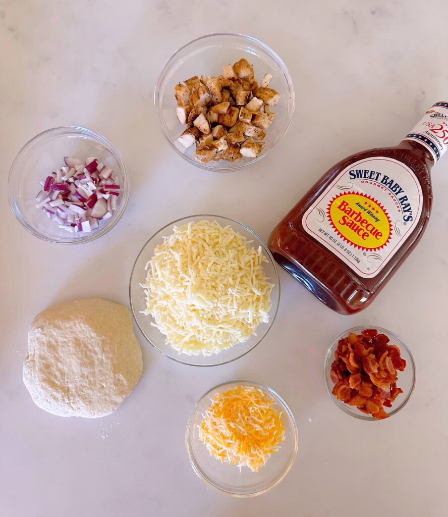 Ingredients for BBQ Chicken and Bacon Pizza.