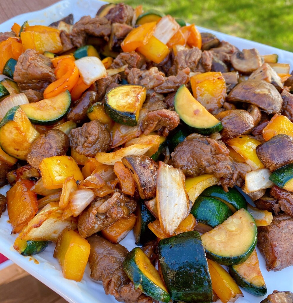 Grilled Teriyaki Steak Stir Fry on a platter.