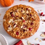 Cranberry Almond Orange Coffee Cake from overhead on a white table.