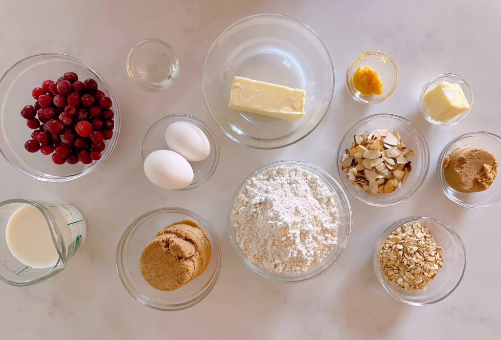 Ingredients for Cranberry Almond Orange Coffee Cake.