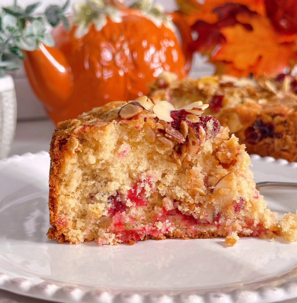 Slice of Cranberry Almond Orange Coffee Cake.