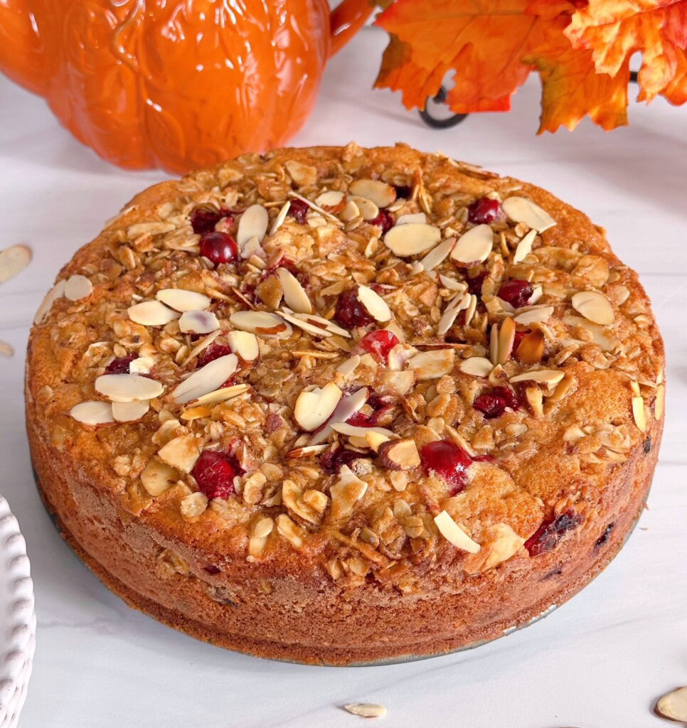 Close-up photo of Cranberry Almond Orange Coffee Cake.