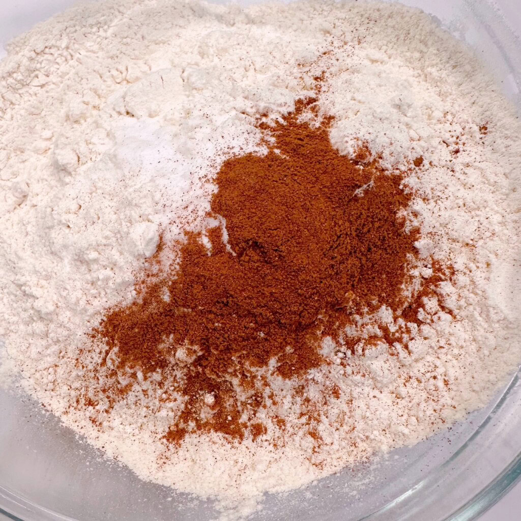 Dry ingredients in a glass bowl.