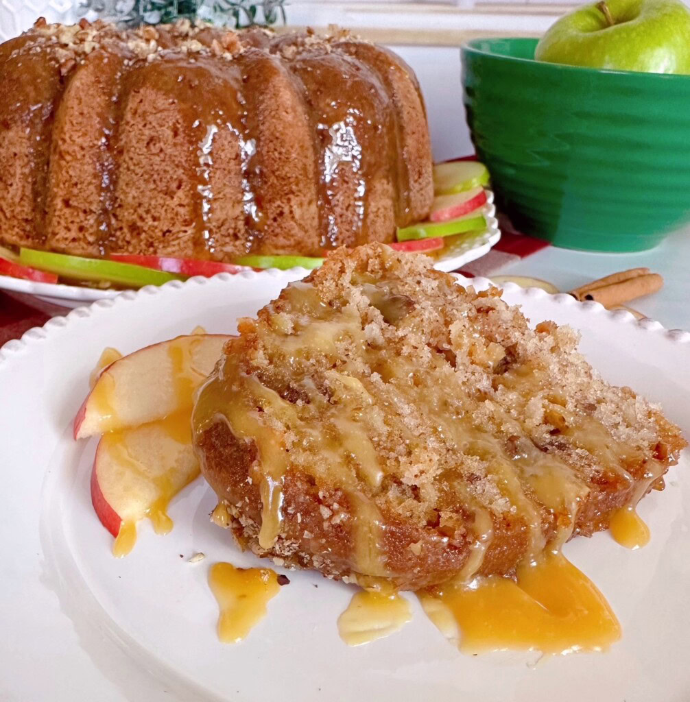 Apple Cake slice with caramel sauce.
