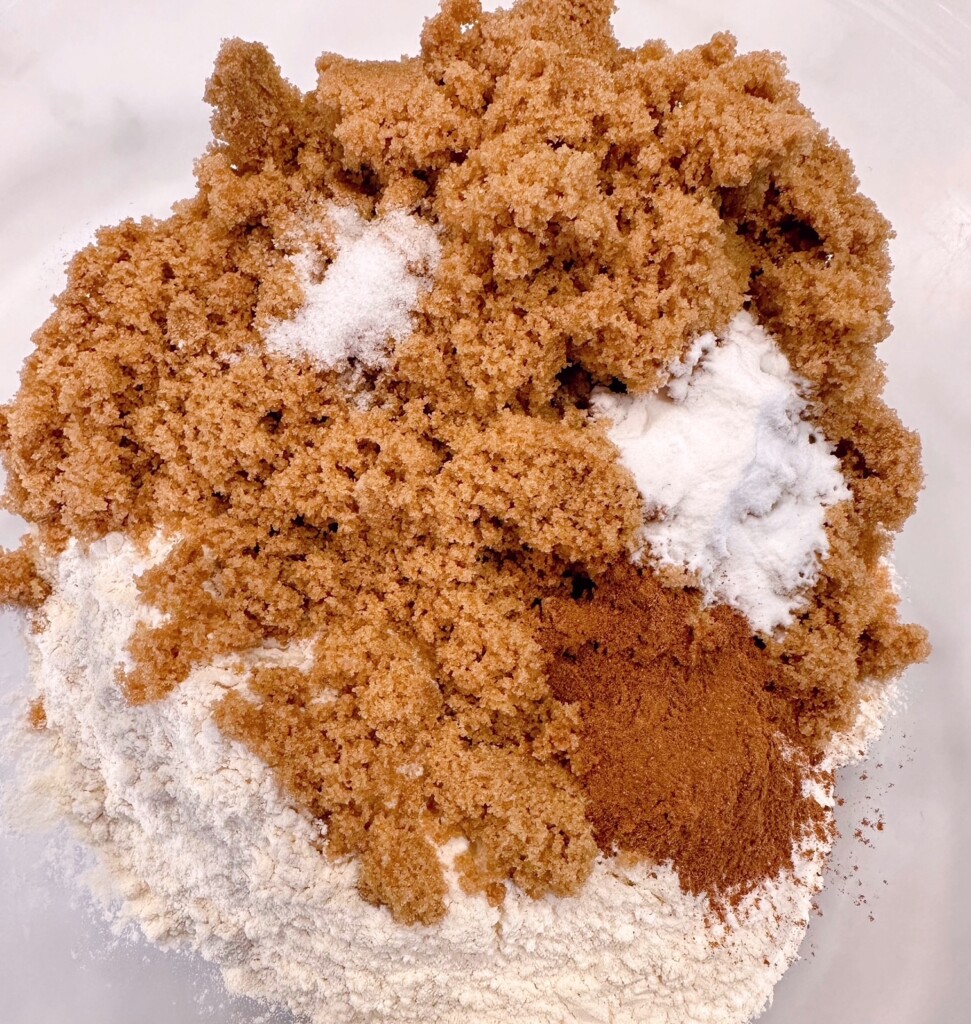 Dry ingredients in a large mixing bowl.