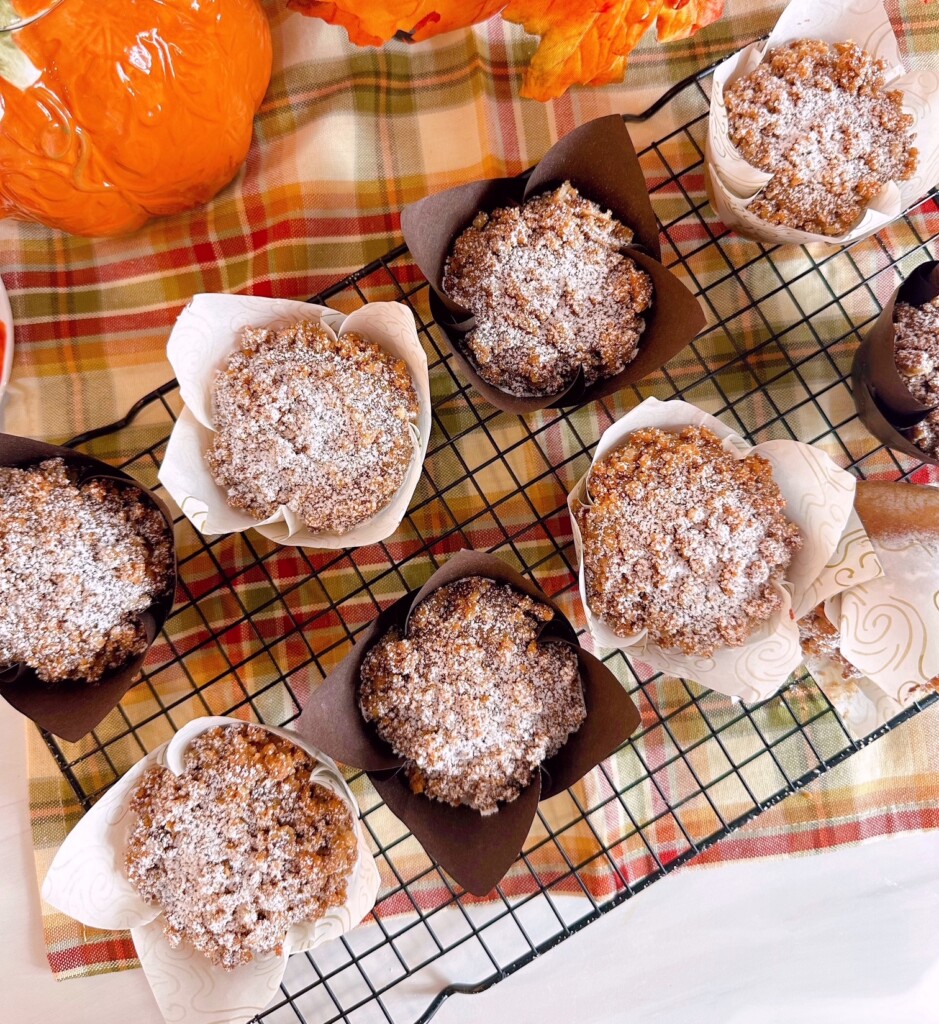 Overhead view of Pumpkin Ginger Streusel Muffins.