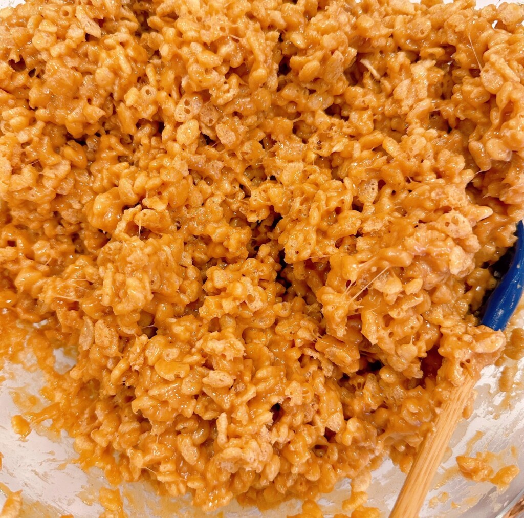 Rice Krispies mixed with peanut butter mixture.